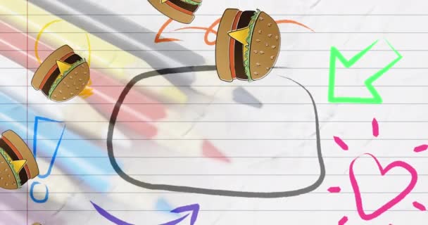 カラフルなドア 並んだ紙の上に落ちるチーズバーガーのアニメーション 食と栄養の概念をデジタルで生成し — ストック動画
