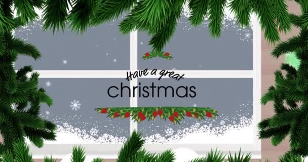 モミの木や窓の上に素晴らしいクリスマステキストを持っているのアニメーション クリスマス 伝統とお祝いのコンセプトデジタルで生成されたビデオ — ストック動画