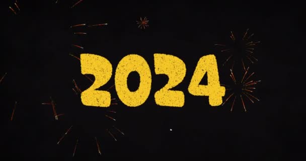 Animacja 2024 Żółte Fajerwerki Eksplodujące Czarnym Tle Koncepcja Noworocznej Imprezy — Wideo stockowe