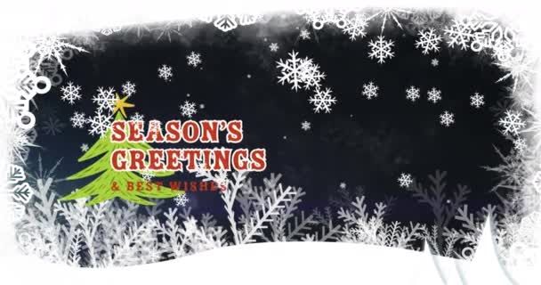 Animacja Świątecznych Pozdrowień Tekst Nad Padającym Śniegiem Zimowym Krajobrazem Boże — Wideo stockowe