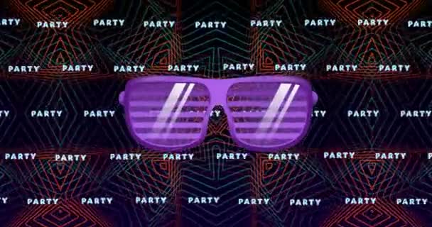 Animation Von Lila Party Sonnenbrillen Über Party Neon Text Wiederholung — Stockvideo