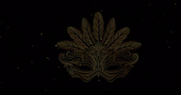 Animacja Złotej Maskarady Piórami Nad Białymi Gwiazdami Poruszającymi Się Czarnym — Wideo stockowe