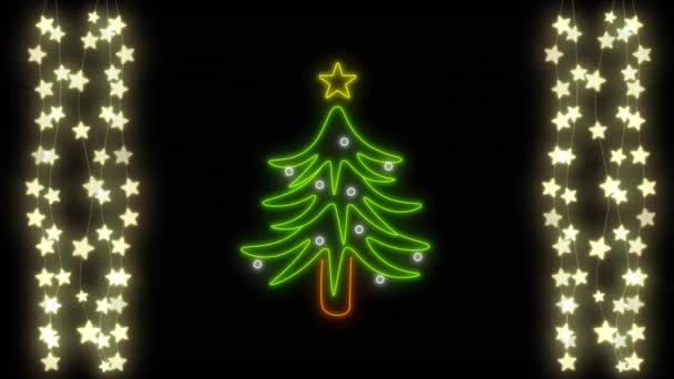 Animacja Neonowej Choinki Nad Światłami Bajki Czarnym Tle Boże Narodzenie — Wideo stockowe
