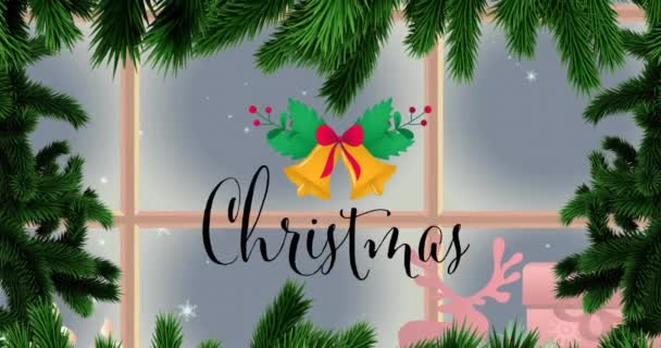 Animation Christmas Text Fir Tree Window Christmas Winter Tradition Celebration — Stock Video