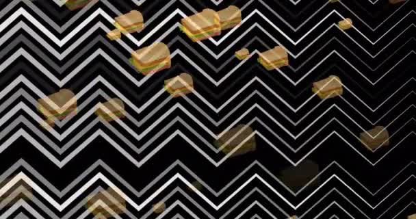 Animatie Van Vallende Sandwiches Bewegende Grijze Zigzaglijnen Zwarte Achtergrond Voedings — Stockvideo