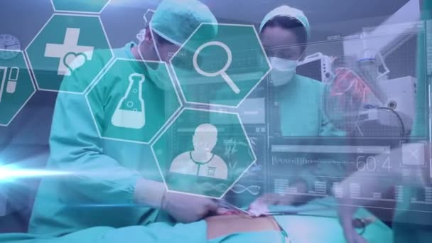 Animation Data Processing Medical Icons Diverse Group Doctros Operating Theatre — Stock Video