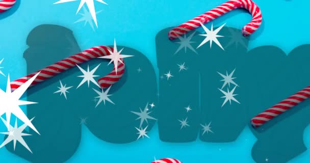 クリスマスの青い背景に星の砂のキャンディーの缶の上の喜びのテキストのアニメーション クリスマス 伝統とお祝いのコンセプトデジタルで生成されたビデオ — ストック動画