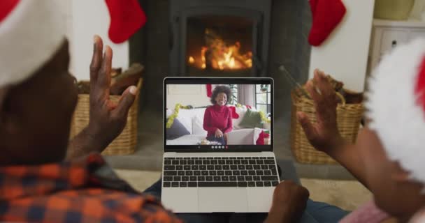 African American Couple Santa Hats Using Laptop Christmas Video Call — Stock Video