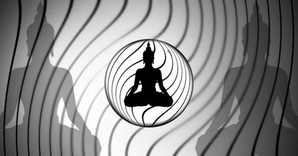 Animación Figura Buda Meditando Sobre Líneas Negras Círculos Sobre Fondo — Vídeo de stock