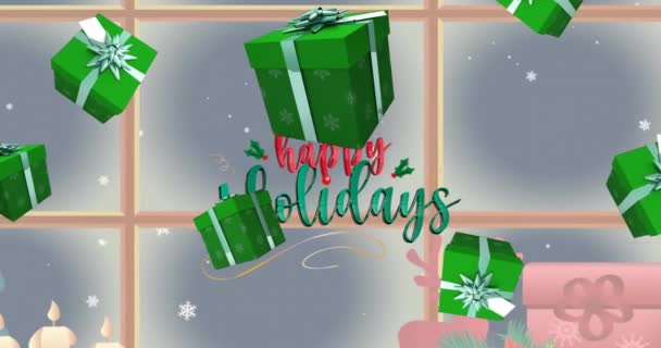 크리스마스 선물이 떨어지고 창문이 열리는 텍스트 애니메이션 크리스마스 디지털 비디오 — 비디오