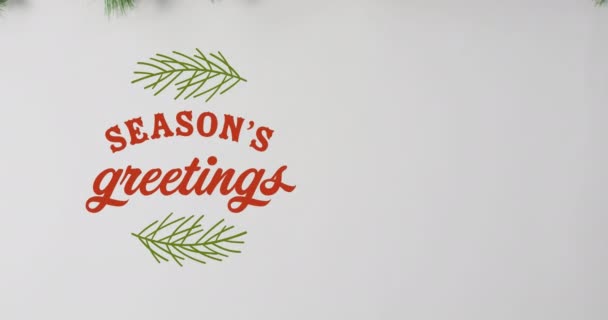 Κινούμενα Σχέδια Των Εποχών Χαιρετισμούς Κείμενο Πάνω Από Χριστουγεννιάτικα Στολίδια — Αρχείο Βίντεο