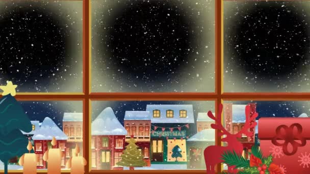 Animation Neige Tombant Sur Les Décorations Noël Fenêtre Paysage Hivernal — Video