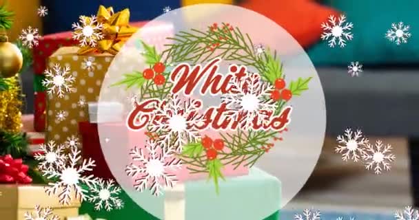 Animation Texte Noël Blanc Sur Neige Tombant Cadeaux Noël Noël — Video
