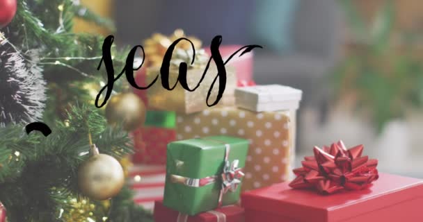 Κινούμενα Σχέδια Των Χαιρετισμών Σεζόν Κείμενο Πάνω Από Δώρα Χριστουγέννων — Αρχείο Βίντεο