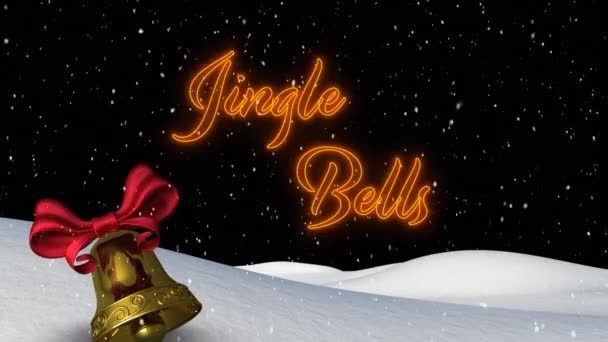 Animación Campanas Jingle Texto Sobre Campana Caída Nieve Paisaje Invierno — Vídeos de Stock