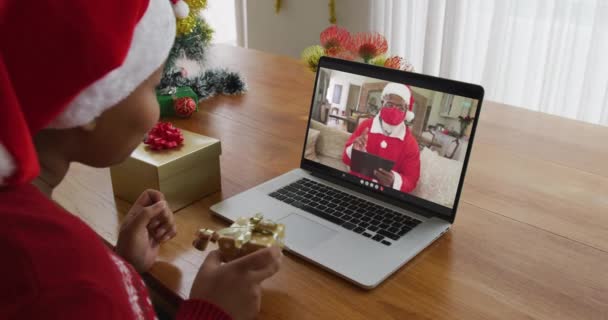 African American Woman Santa Hat Using Laptop Christmas Video Call — Stock Video