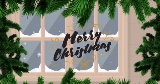 Animation Merry Christmas Text Fir Tree Window Christmas Winter Tradition — Stock Video