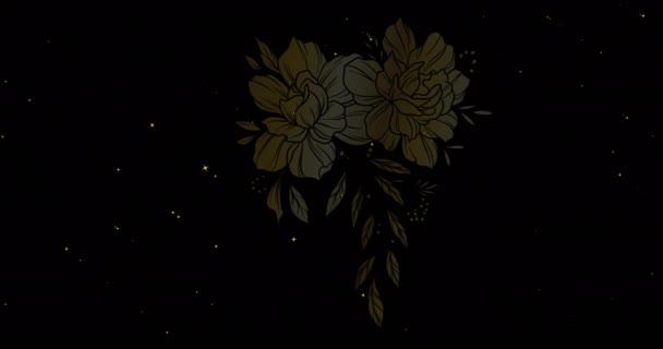 Animaatio Kultaiset Kukat Yli Valkoiset Tähdet Liikkuvat Mustalla Taustalla Onnittelut — kuvapankkivideo
