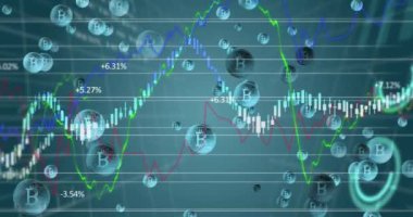 Mavi arkaplana karşı hareket eden bitcoin sembolleri üzerinde mali veri işleme