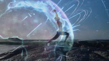 Günbatımı plajında egzersiz yapan bir kadın için ışıldayan küresel ağın animasyonu. küresel iletişim teknolojisi, boş zaman ve seyahat konsepti dijital olarak oluşturulmuş video.