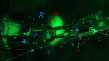 İletişim ağının animasyonu ve siyah arkaplanda parlayan yeşil verileri işlemek. küresel iletişim ve medya ağı teknolojisi konsepti dijital olarak oluşturulmuş video.