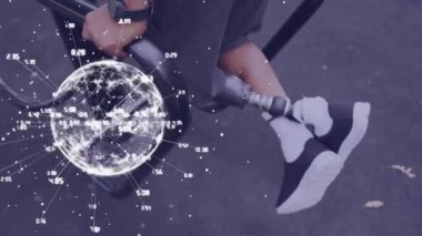 Protez bacak egzersizi yapan erkek sporcu üzerinden küresel ağ animasyonu ve veri işleme. spor, başarı ve iletişim teknolojisi konsepti, dijital olarak üretilen video.