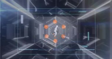 Dijital atlet koşusu üzerine simgelerin ve tarayıcıların veri işleme animasyonları. spor, fitness ve teknoloji konsepti, dijital olarak üretilen video.