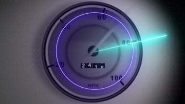 Hız göstergesi üzerinde parlayan neon tarayıcının veri işleme animasyonu. hız, fitness ve teknoloji konsepti, dijital olarak üretilen video.