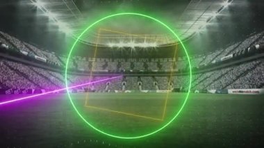 Stadyumun üzerinde dönen neon şekillerin ve ışıkların animasyonu. spor, rekabet ve iletişim teknolojisi konsepti, dijital olarak üretilen video.