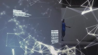 İletişim ağı animasyonu ve protez bacak atlama halatı olan erkek sporcu verileri. spor, başarı ve iletişim teknolojisi konsepti, dijital olarak üretilen video.