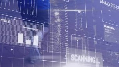 Animasyon tarayıcı arayüzü ve veri işleme koşu bıçağı eğitimi almış bir erkek atlet üzerinde. spor, başarı ve iletişim teknolojisi konsepti, dijital olarak üretilen video.