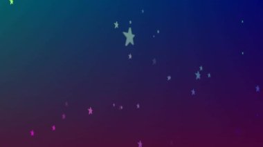 Koyu arkaplana düşen renkli yıldız şekillerinin animasyonu. Kutlama, iletişim ve teknoloji konsepti dijital olarak oluşturulmuş video.