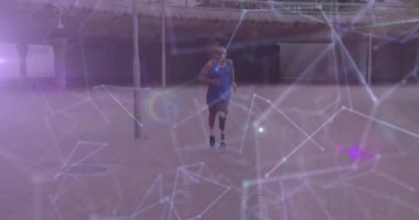 Protez bacaklı bir erkek sporcunun parlayan iletişim ağının animasyonu. spor, başarı ve iletişim teknolojisi konsepti, dijital olarak üretilen video.