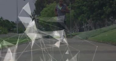 Protez bacaklı bir erkek sporcunun dönüşümlü iletişim ağının animasyonu. spor, başarı ve iletişim teknolojisi konsepti, dijital olarak üretilen video.