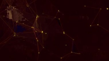 Siyah arkaplandaki iletişim ağında parlayan sarı noktaların animasyonu. küresel iletişim ve medya ağı teknolojisi konsepti dijital olarak oluşturulmuş video.