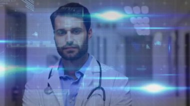 Erkek doktor üzerinde veri işleme animasyonu. küresel tıp, araştırma ve veri işleme kavramı dijital olarak oluşturulmuş video.