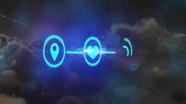 Mavi bulut üzerinde medya simgelerinin ve karanlık arka planda hareket eden ışıkların animasyonu. küresel iletişim ağı ve sosyal medya teknolojisi konsepti dijital olarak oluşturulmuş video.