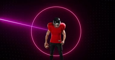 Amerikan futbolcunun top tutarken kullandığı neon tarayıcı verilerinin animasyonu. spor, rekabet ve teknoloji konsepti, dijital olarak üretilen video.