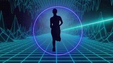 Parlayan ızgarada çalışan siluetli bir kadının neon tarayıcı verilerinin animasyonu. spor, fitness ve teknoloji konsepti, dijital olarak üretilen video.