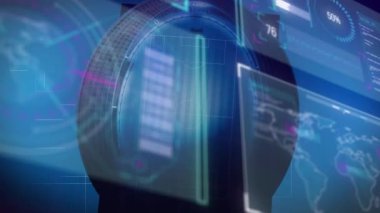 Spor stadyumundaki arayüz işleme verilerinin animasyonu. spor, rekabet ve teknoloji konsepti, dijital olarak üretilen video.
