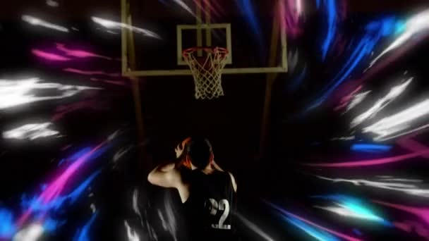 Animation Colourful Swirls Male Basketball Player Shooting Hoop Sport Competition — Stock Video