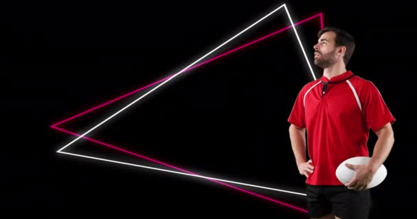 Animação Triângulos Néon Vermelho Branco Jogador Rugby Masculino Caucasiano Segurando — Vídeo de Stock