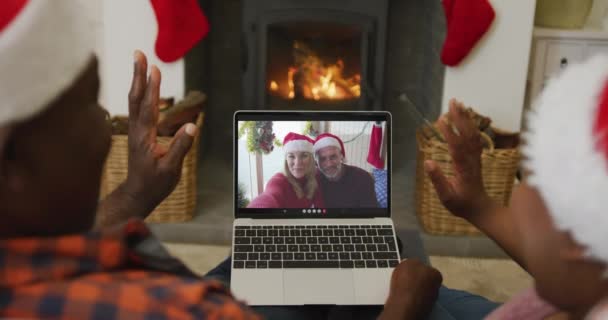 African American Couple Waving Using Laptop Christmas Video Call Couple — Stock Video