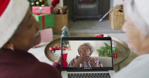 Leende Olika Senior Kvinnliga Vänner Använder Laptop För Jul Videosamtal — Stockvideo