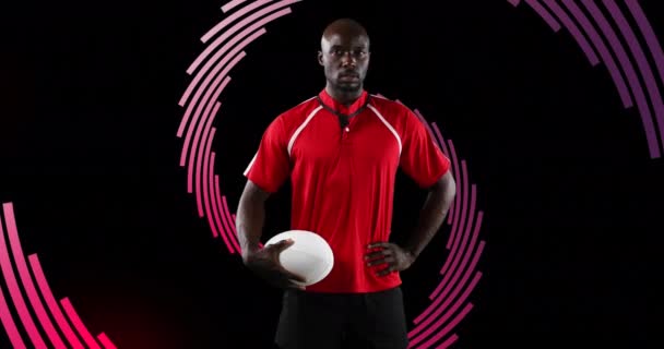 Animação Espiral Linhas Vermelhas Girando Sobre Retrato Jogador Rugby Masculino — Vídeo de Stock