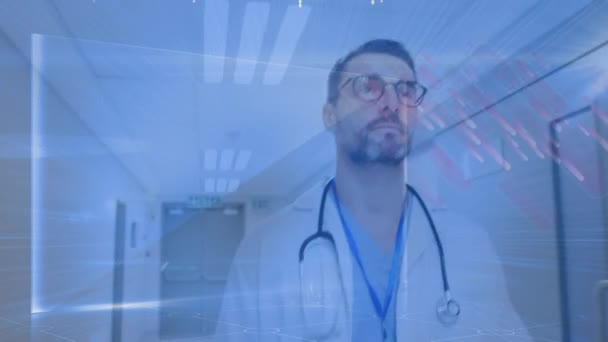 医院内男性医生的数据处理动画 全球医学 技术和数据处理概念 — 图库视频影像