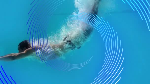 在水下男性游泳运动员上方旋转的蓝色螺旋线的动画 竞争和通信技术概念 数字视频制作 — 图库视频影像