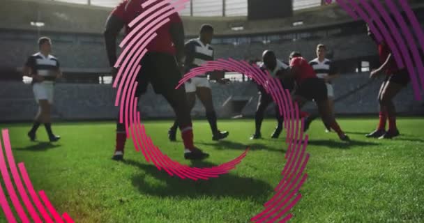 Animação Espiral Linha Vermelha Girando Sobre Jogadores Rugby Masculino Durante — Vídeo de Stock