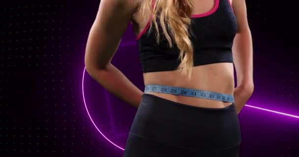 Animation Woman Measuring Waist Rotating Purple Neon Scanner Sport Fitness — Stock Video