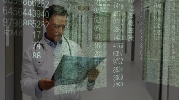 X線スキャンによる男性医師に対するバイナリコーディングデータ処理のアニメーション 世界の医療 データ処理の概念デジタルで生成されたビデオ — ストック動画